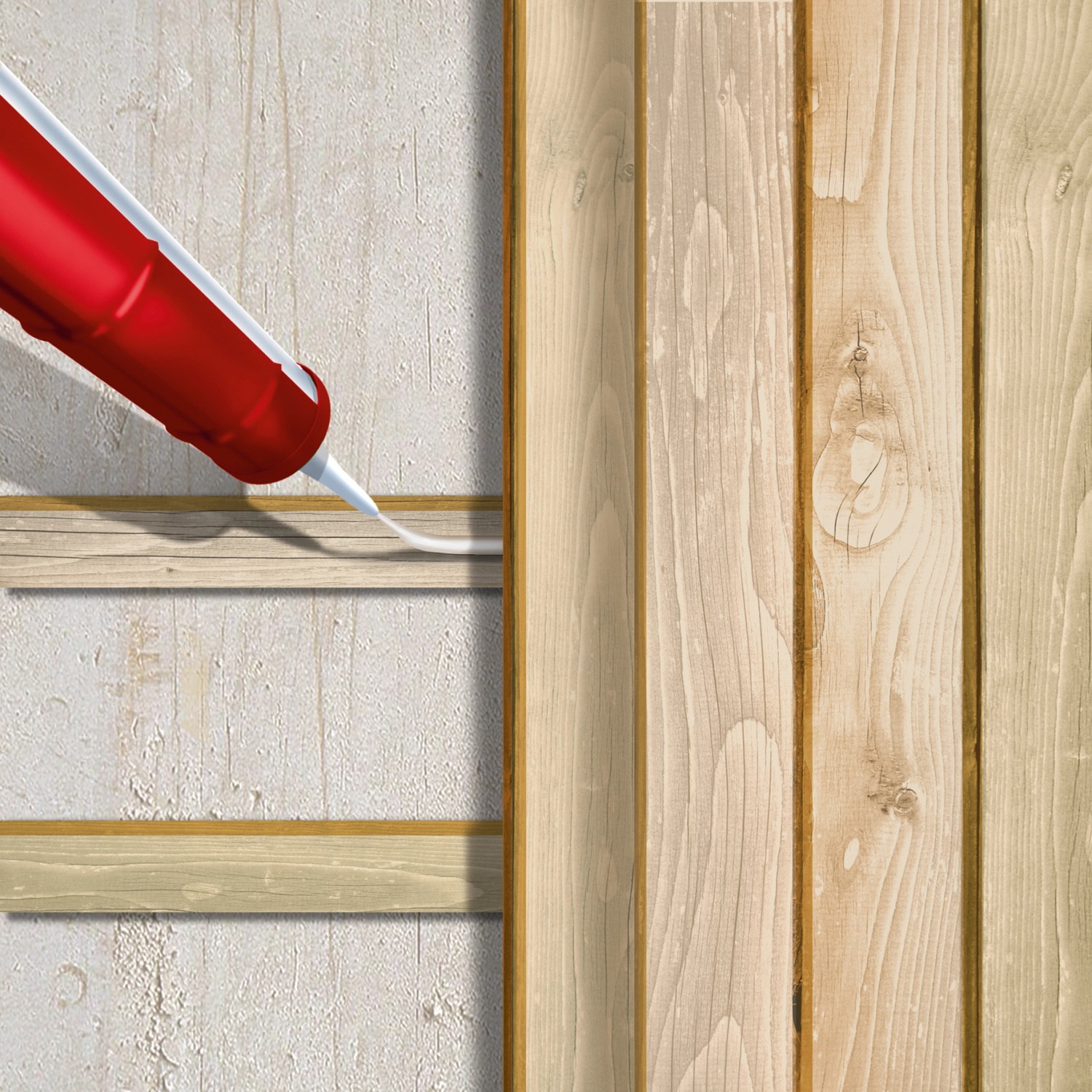 Anwendung von MEM Montage-Kleber Extrem (380g, weiß) auf Holzleisten.