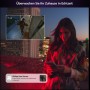 Frau mit Smartphone und Philips Hue Kamera Secure im Hintergrund, die eine Person erkennt.