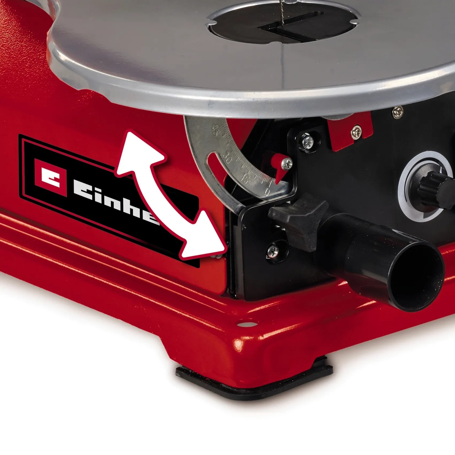 Detailaufnahme: Einhell TC-SS 406 E Dekupiersäge mit verstellbarem Arbeitstisch für Schrägschnitte.