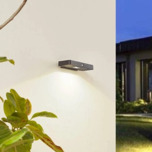 Moderne, dimmbare Lucande LED Solar-Wandleuchte Tavon in Schwarz mit Bewegungsmelder.