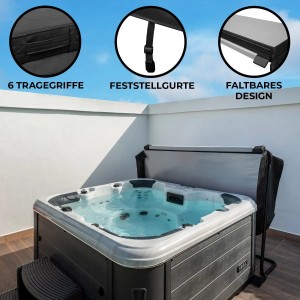 Schwarze Monstershop Whirlpool Abdeckung 2m mit Tragegriffen, Gurten und faltbarem Design.