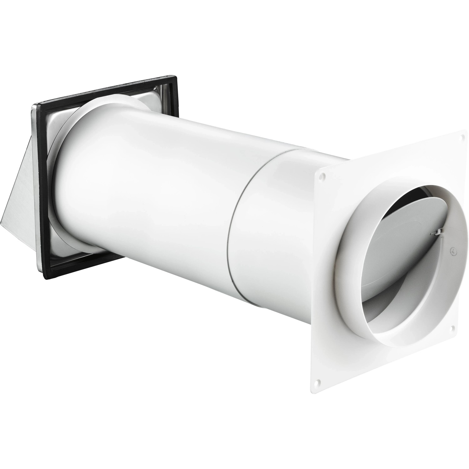 Teleskop-Mauerkasten Ø 150 mm mit Edelstahl-Ablufthaube für Mauerlüfter.