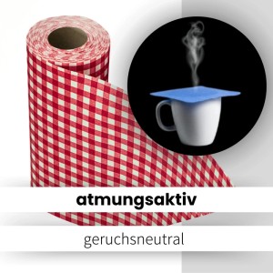 Sensalux Vlies-Tischläufer, 30 cm x 25 m, rot-weiß kariert, mit Tasse im Hintergrund.