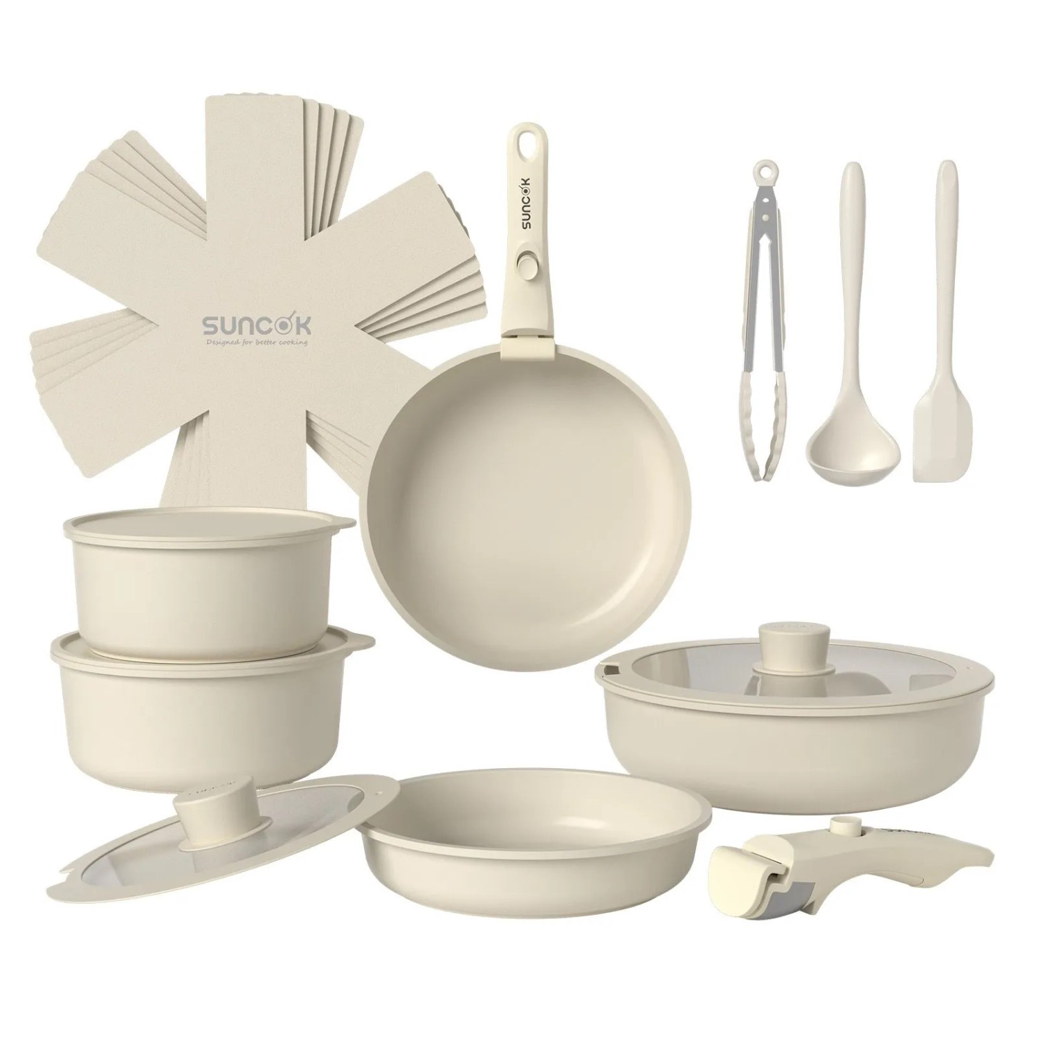 SUNCOK Crinnox 19-teiliges Kochset Mit Keramik-Antihaft Und Abnehmbaren Griffen Töpfe Pfannen Und 26cm-Wok Enthalten