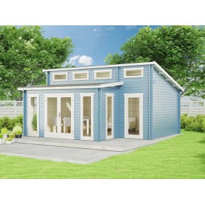 Blaues Alpholz Gartenhaus Lausitz Prima mit Pultdach und Anbaudach im Garten.