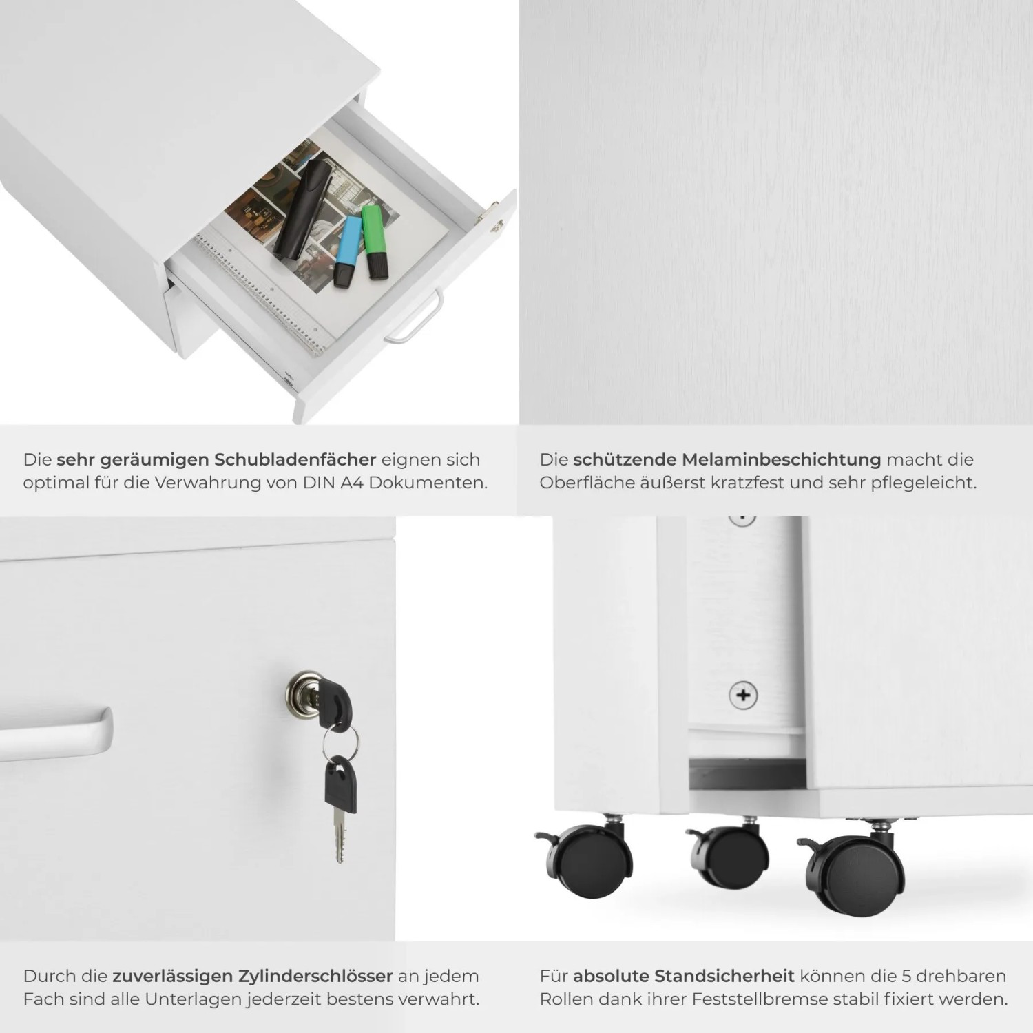 Weißer Tectake Rollcontainer Vagur mit 2 Schubladen, abschließbar und Rollen.