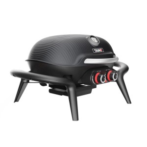 Schwarzer Taino Kenai Gasgrill, kompakter Tischgrill aus Aluguss mit geripptem Deckel, Thermometer und roten Reglern.
