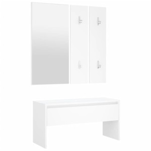 Weißes vidaXL Flurmöbel-Set aus Holzwerkstoff mit Bank, Spiegel und Garderobe.
