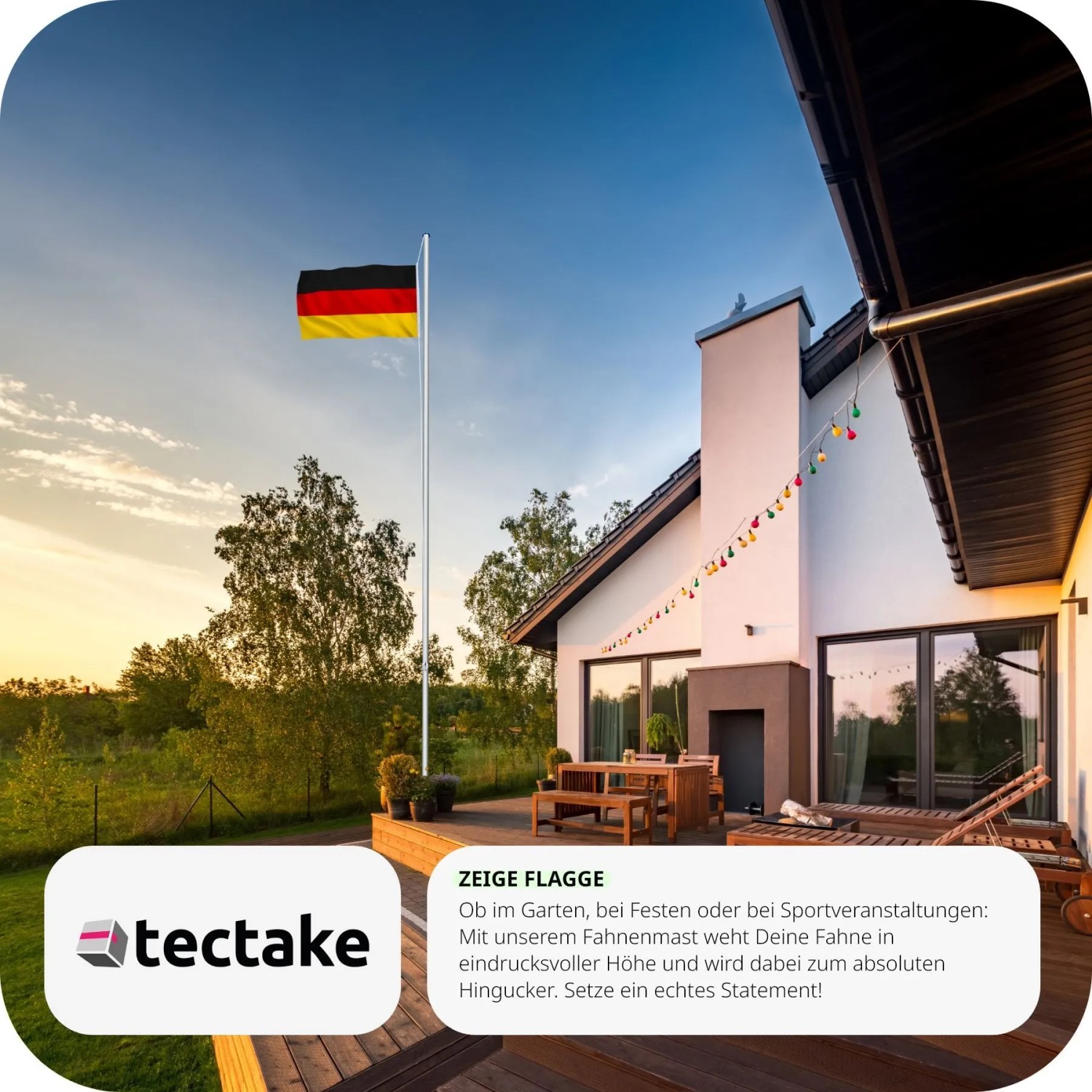 Tectake Aluminium Fahnenmast mit Deutschlandflagge im Garten vor Haus, 625cm hoch.