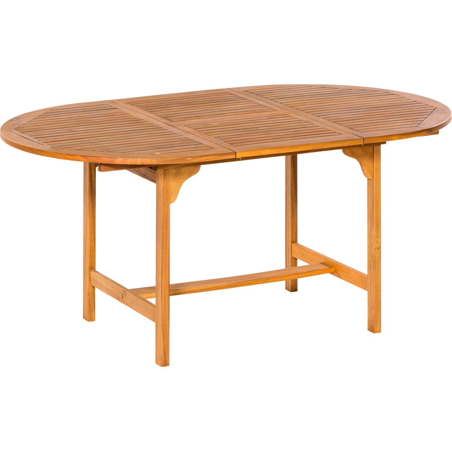 Ausgezogener, ovaler Merxx Gartentisch aus Holz, braun, 170x100 cm.