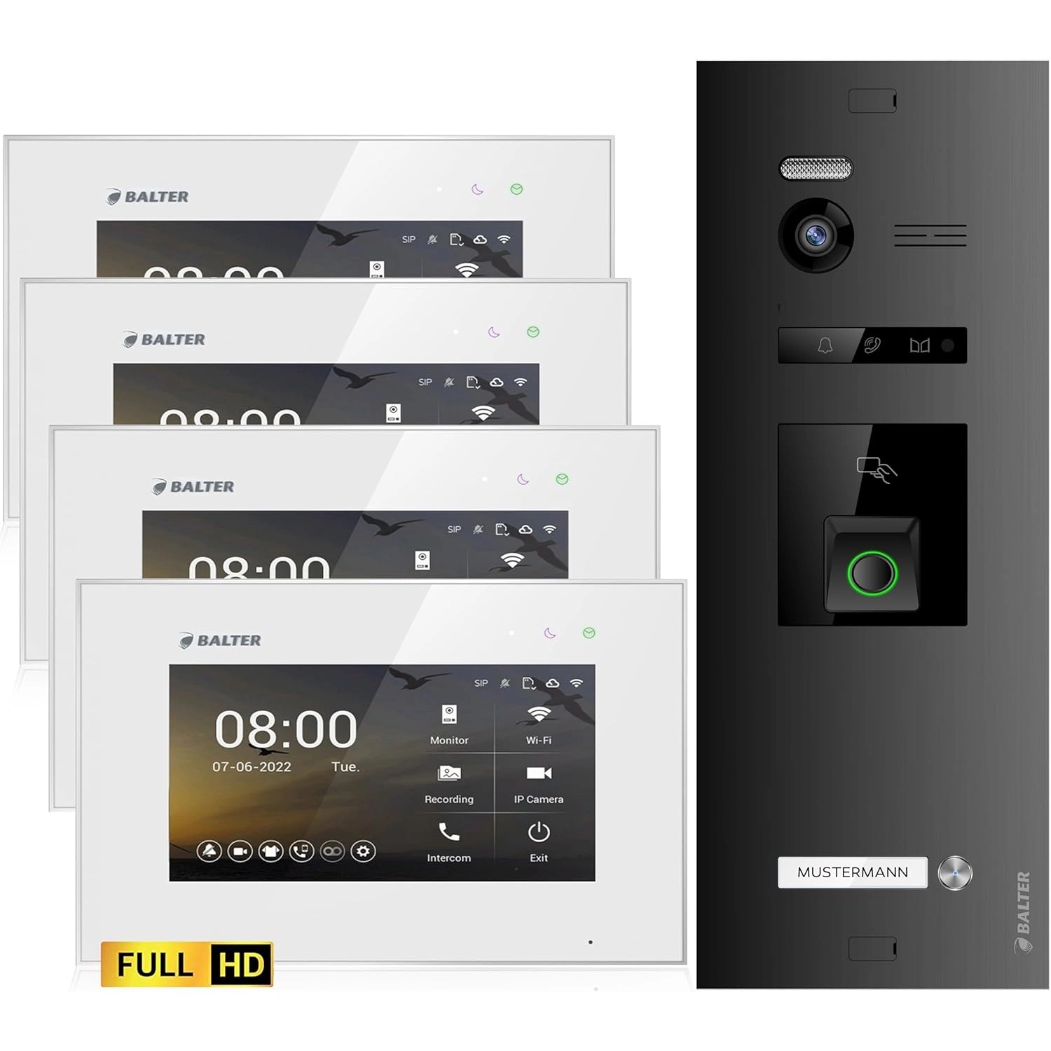 Balter EVO-HD Video-Türsprechanlage mit Fingerprint für Einfamilienhaus mit 4x 7 Zoll Monitor Weiß-Schwarz