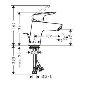 Technische Zeichnung: Hansgrohe Logis 70 Waschtischarmatur mit Maßen und Anschlüssen.