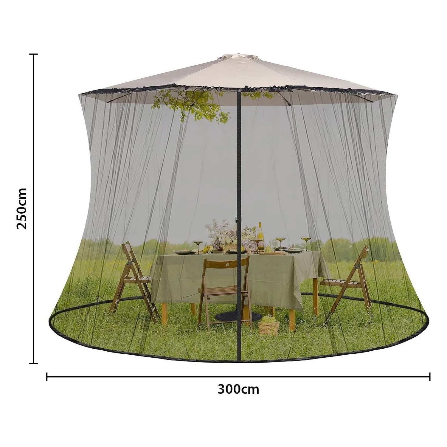 Schwarzes Moskitonetz für Sonnenschirm, umschließt Tisch und Stühle im Garten. Insektenschutz 250x300cm.