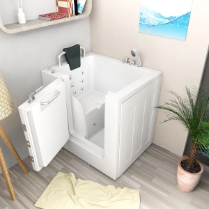 AquaVapore Sitzbadewanne mit Tür, Whirlpoolfunktion, Armaturen und Nackenstütze, Tür geöffnet.