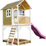Axi Sarah Spielhaus aus Holz mit lila Rutsche und Sandkasten, braun/weiß, 191x370x291 cm.