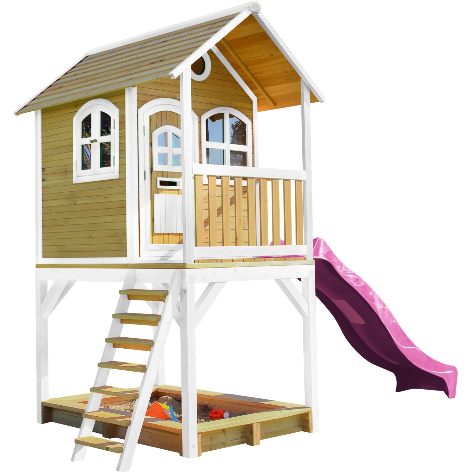 Axi Sarah Spielhaus aus Holz mit lila Rutsche und Sandkasten, braun/weiß, 191x370x291 cm.