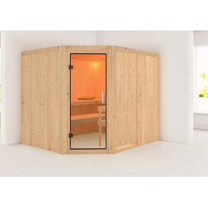 Karibu Sauna Natur aus Holz mit Glastür, Bänken und Ofenschutzgitter.