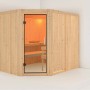 Karibu Sauna Natur aus Holz mit Glastür, Bänken und Ofenschutzgitter.