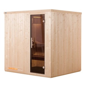 Weka Elementsauna Halmstad mit Glastür, naturbelassenes Fichtenholz. Elementsauna ohne Ofen.