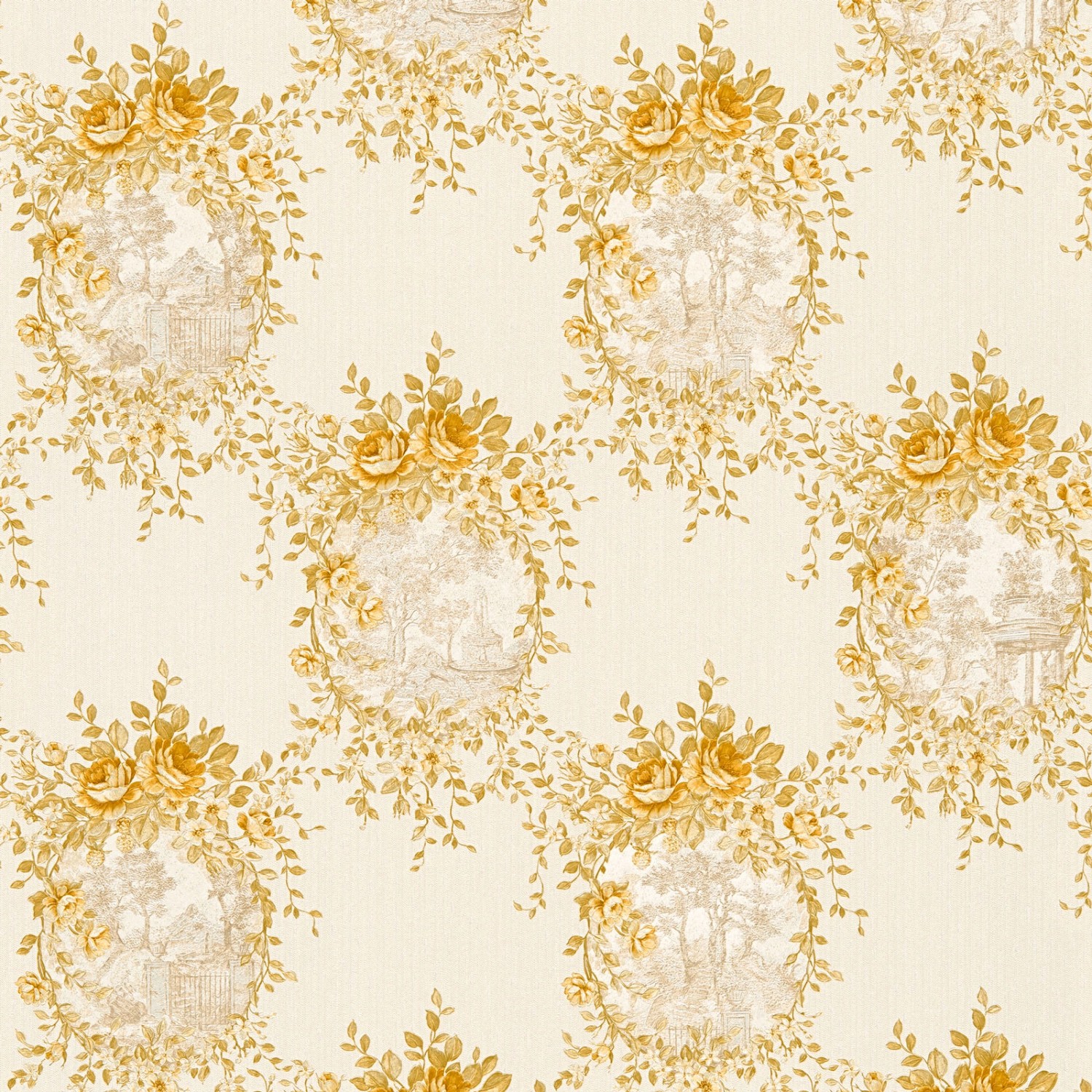 Bricoflor Vintage Tapete Gold Gelb Blumen Vliestapete mit Rosen im Landhausstil Nostalgische Landhaus Blumentapete Ideal
