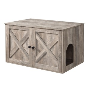 Feandrea Katzenklo-Schrank in Greige mit Holztönen, 80x53x50 cm, mit Tür und seitlichem Eingang.