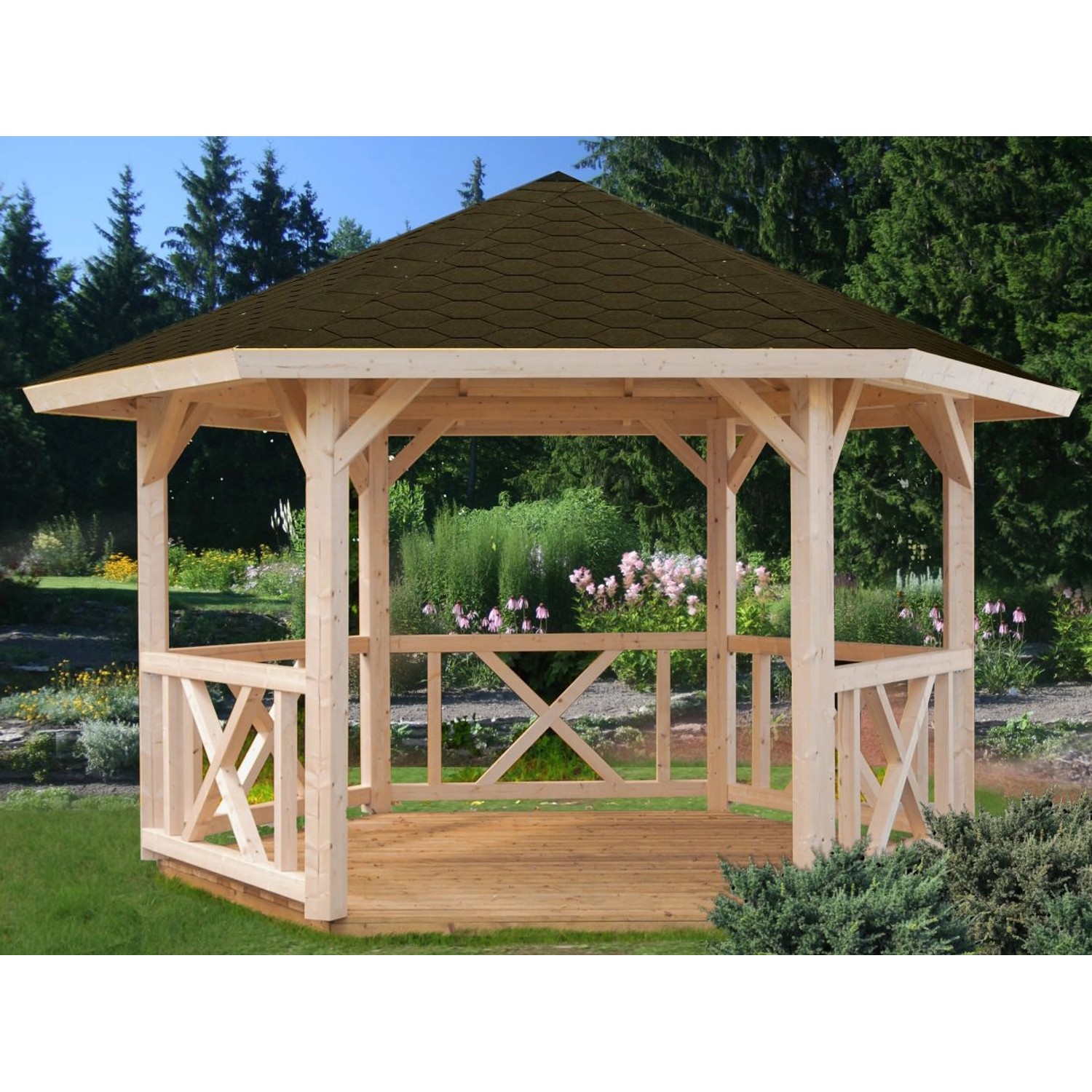 Palmako Holz-Pavillon Betty Grau imprägniert 337 cm x 337 cm ohne Fußboden günstig online kaufen