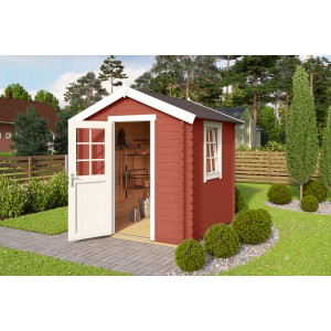 Lasita Holz-Gartenhaus Wels 1 in Schwedenrot mit geöffneter Tür und Fenster. Gartenhaus aus Holz.