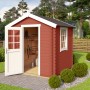 Lasita Holz-Gartenhaus Wels 1 in Schwedenrot mit geöffneter Tür und Fenster. Gartenhaus aus Holz.
