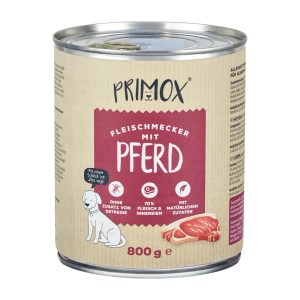 Primox Fleischmecker Nassfutter Pferd 800g Dose. Getreidefrei, 70% Fleisch, natürliche Zutaten für Hunde.