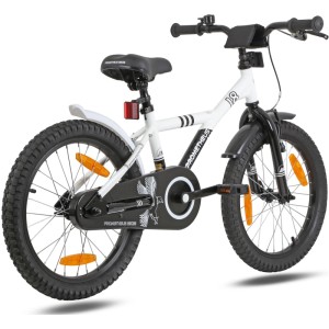 Weißes PROMETHEUS Kinderfahrrad 18 Zoll mit Stützrädern und Rücktrittbremse.