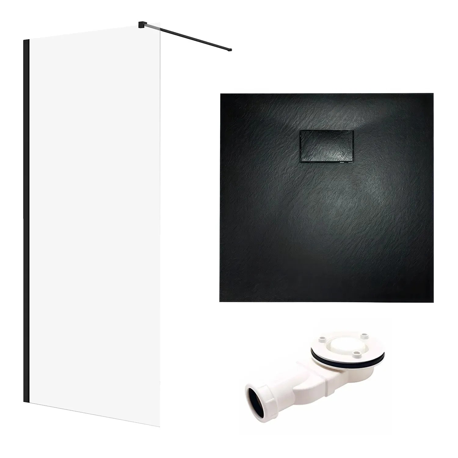 Bad Land SET Duschwanne VIDAR 90x90 Quadratisch Schwarz + Walk-In Dusche KETIL Schwarz 90x195 Transparentes Glas