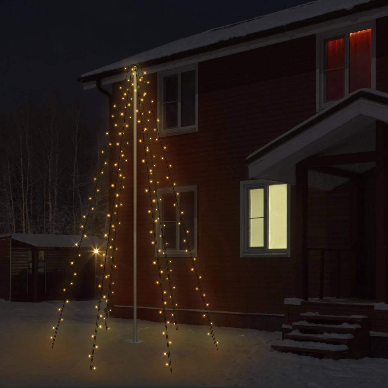 ECD Germany Fahnenmast Lichterkette mit 192 warmweißen LEDs als Weihnachtsbeleuchtung im Garten.