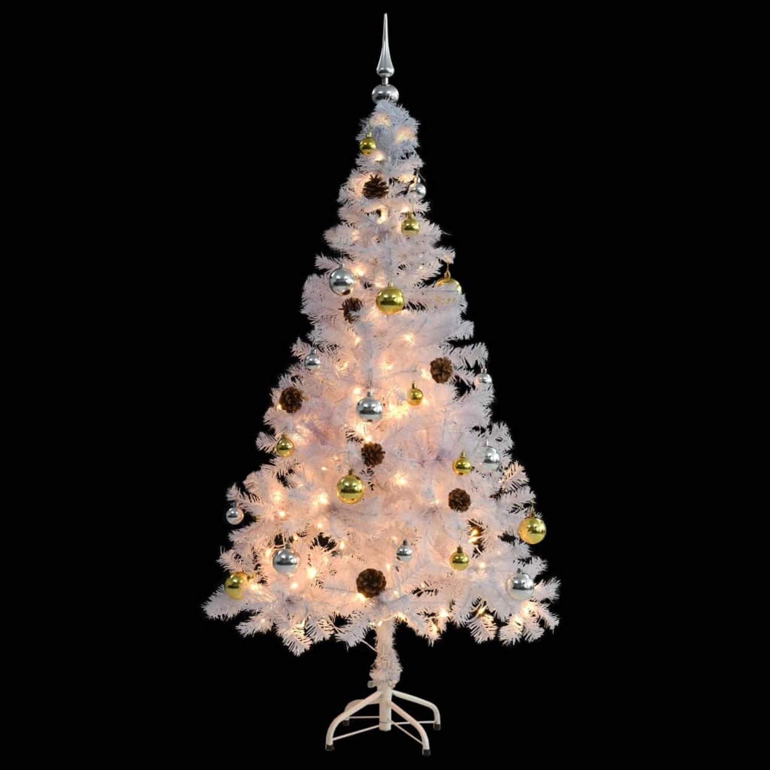 Geschmückter, weißer, künstlicher Weihnachtsbaum (150 cm) mit LED-Lichtern, goldenen und silbernen Kugeln.
