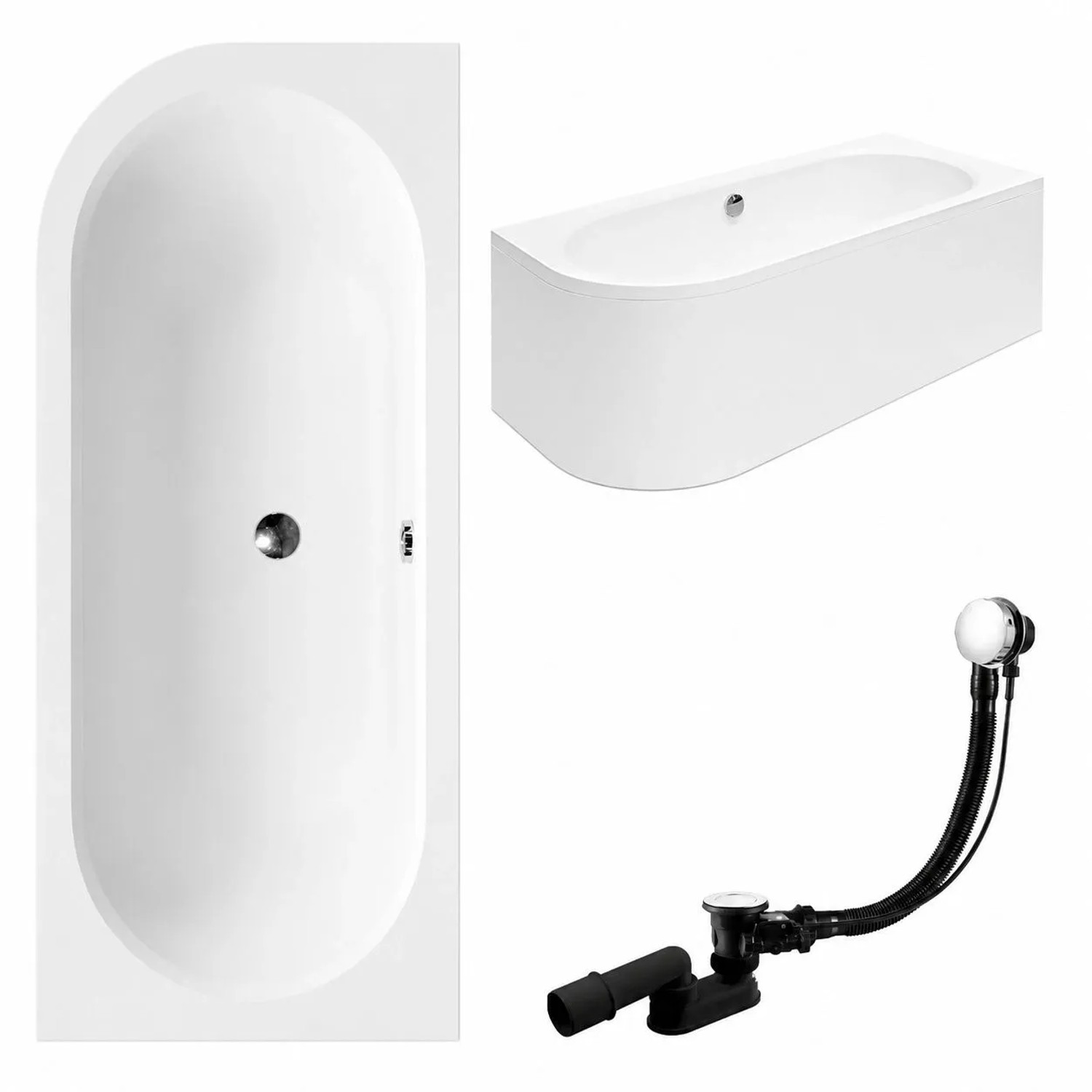 KOLMAN Badewanne Eckwanne 160 x 75 Cm Rechts Mit Acrylschürze Mit Bambus Badewannenablage Mit Kopfstütze KODI Inkl. Ablauf Und Füße