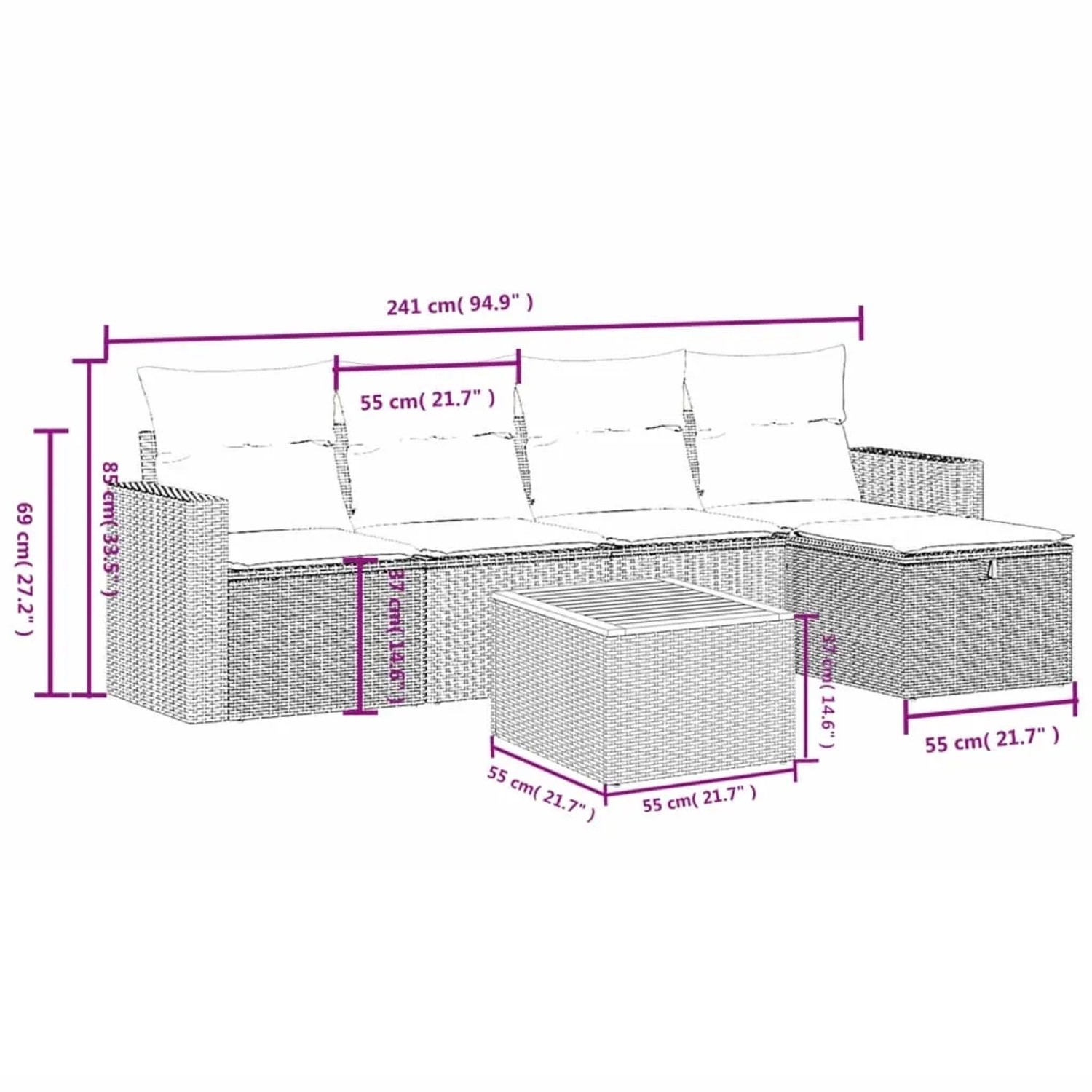 Schwarze 6-tlg. vidaXL Garten-Sofagarnitur aus Polyrattan mit Kissen und Tisch, Maße dargestellt.