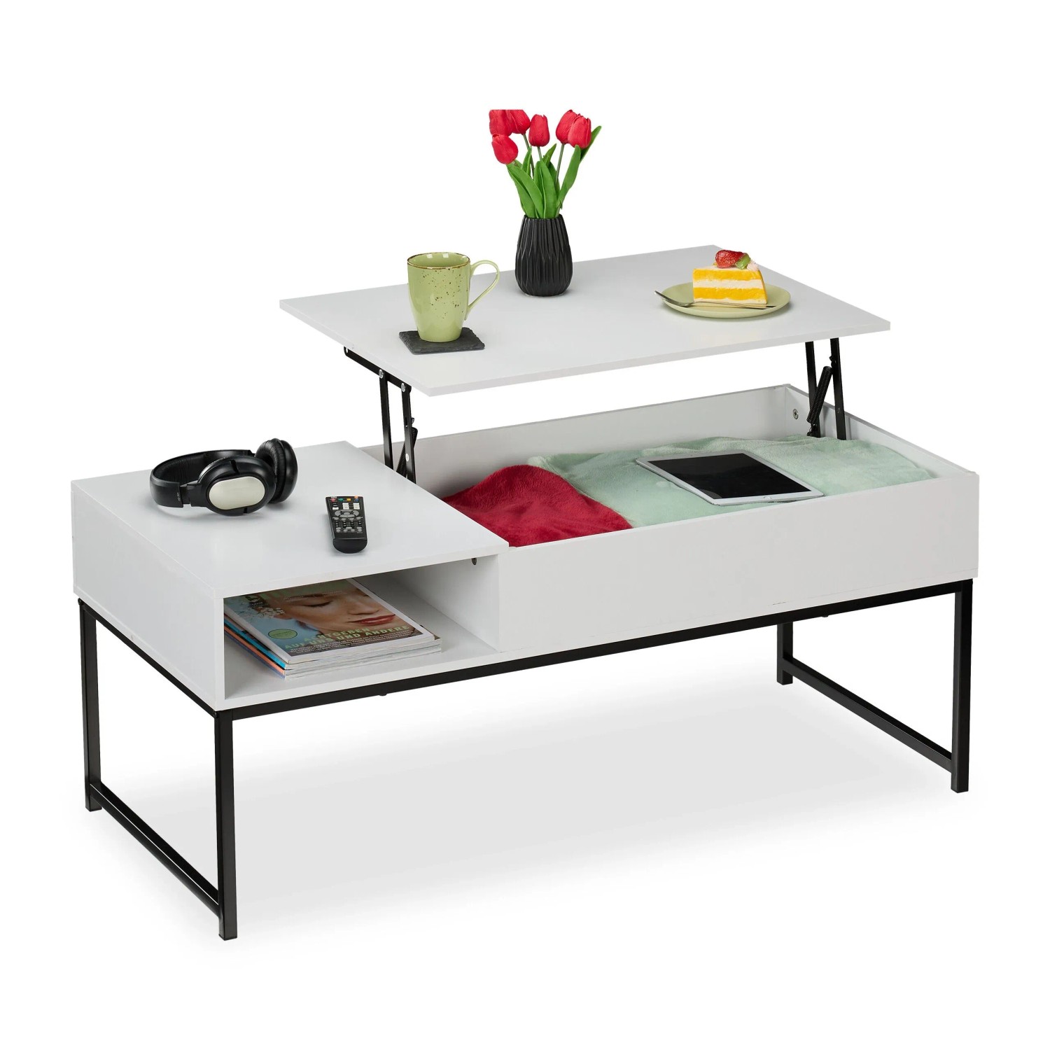Relaxdays Couchtisch Spanplatte Eisen Schwarz Aufklappbar Höhenverstellbar 45 cm x 110 cm x 50 cm 16,4 kg