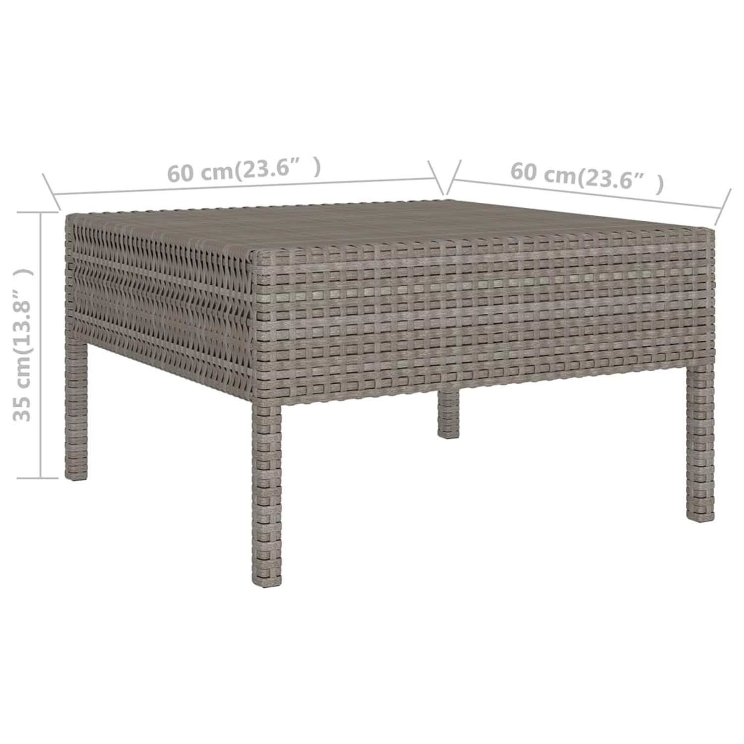 Quadratischer Tisch aus grauem Rattan für Garten-Lounge-Set, 60x60x35 cm.