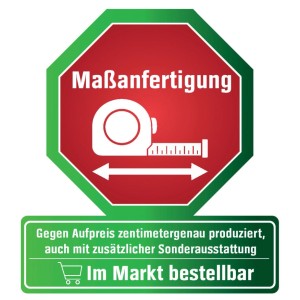 Symbol: Rotes Schild mit Maßband für Maßanfertigung. Zentimetergenaue Produktion, Sonderausstattung, im Markt bestellbar.