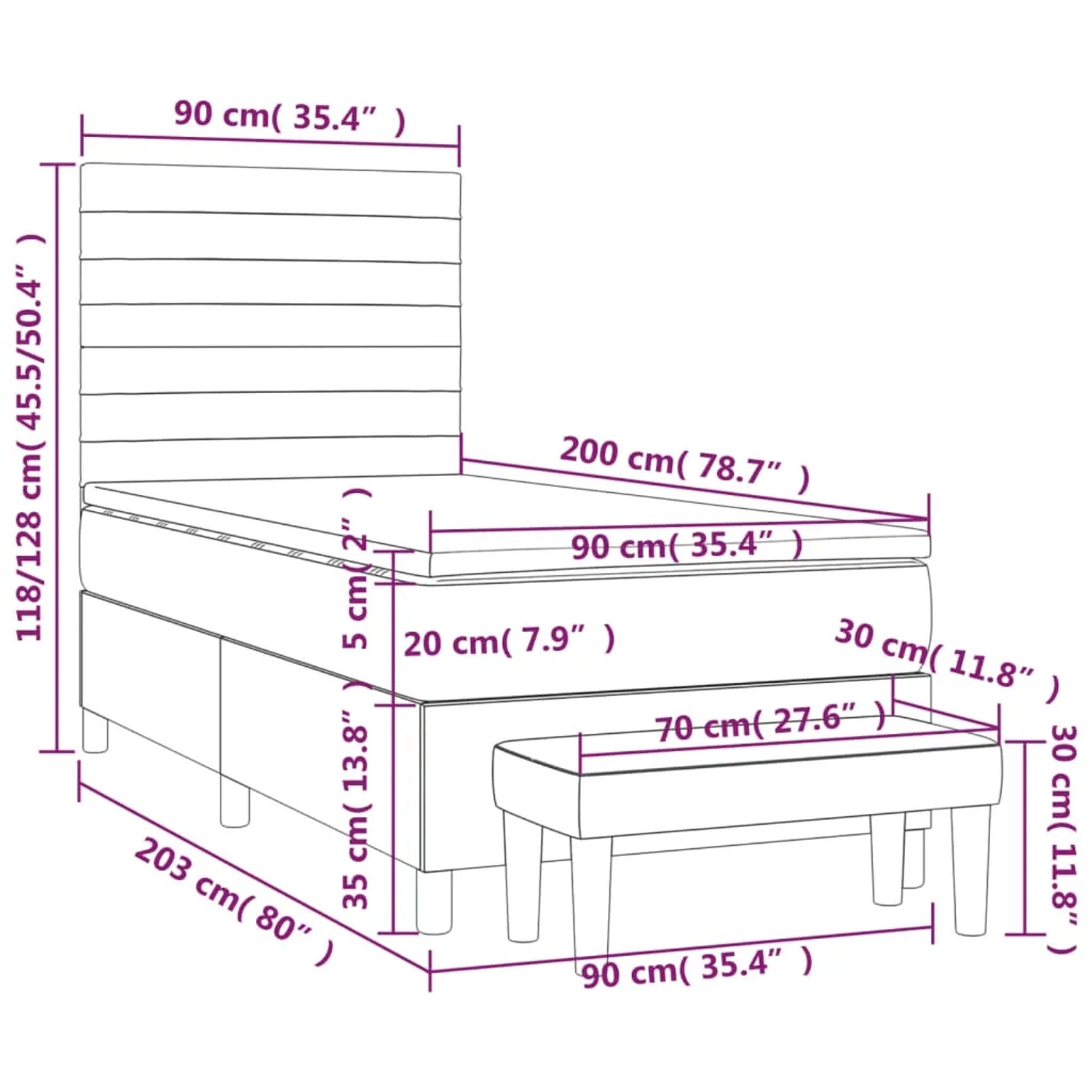 Blaues Boxspringbett 90x200 cm mit Matratze und Bank, Stoffbezug.