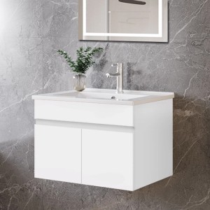 AICA Badmöbel Set 60 cm: weißer Waschtisch mit Keramik-Waschbecken und mattem, grifflosem Unterschrank, wandhängend.