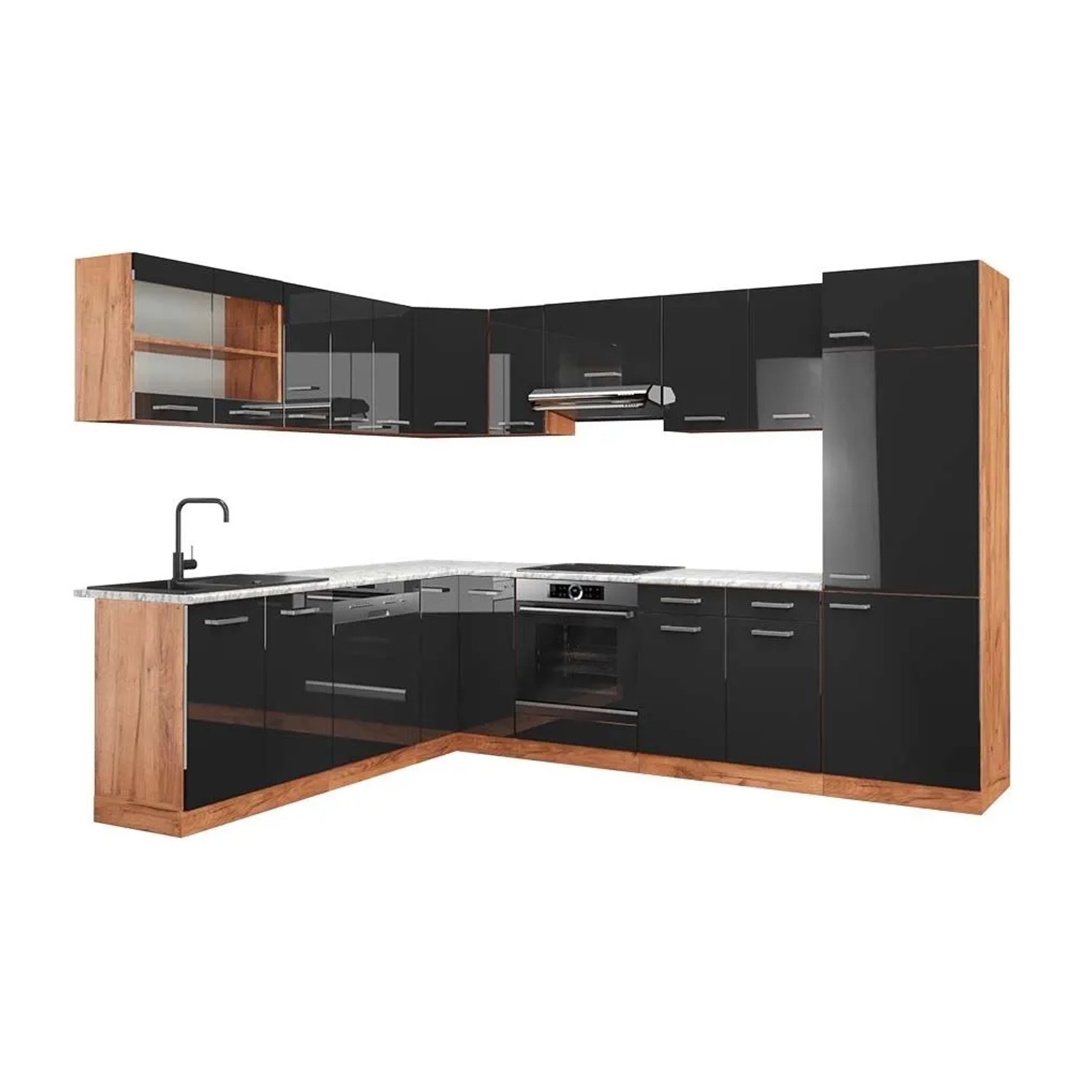 Vicco Eckküche R-Line Anthrazit Hochglanz/Goldkraft Eiche 287 x 82, AP Marmor