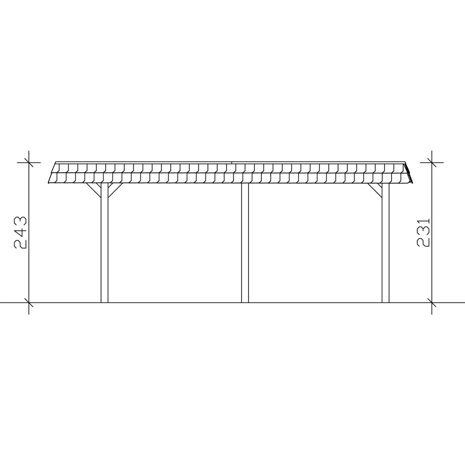 Technische Zeichnung: Skan Holz Carport Wendland, Eiche hell, Maße und Höhenangaben.