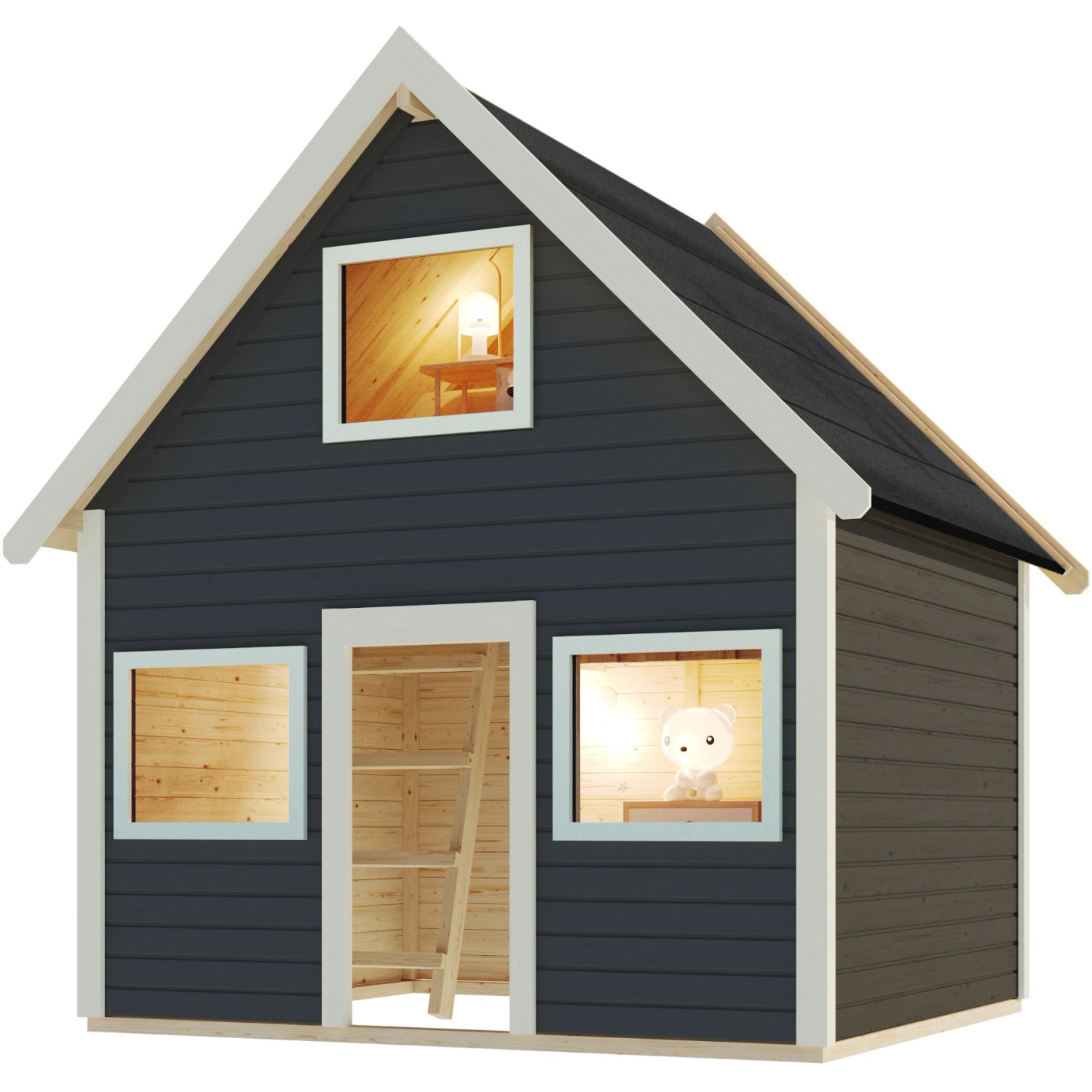 Karibu Spielhaus Kalle in Terragrau mit Fenster und Leiter. Ideal für Kinder.