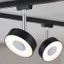 URail Schienensystem: Schwarzer Circle LED Spot mit Chrom-Details, warmweißes Licht.