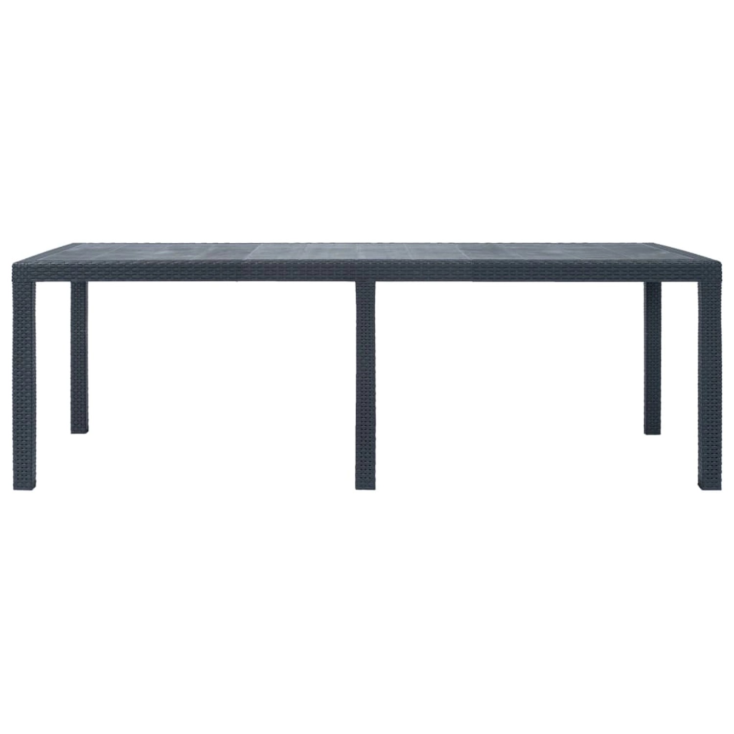 Anthrazitfarbener Gartentisch (220x90 cm) in Rattan-Optik aus Kunststoff.