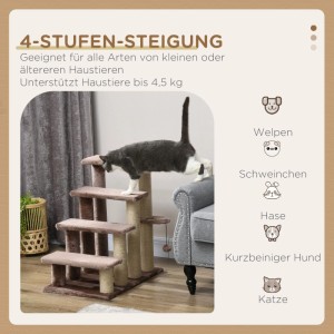 PawHut Katzentreppe mit 4 Stufen und Kratzbaum. Eine Katze klettert auf die braune Plüschtreppe zum Sofa. Mit Sisalstämmen und Spielball.