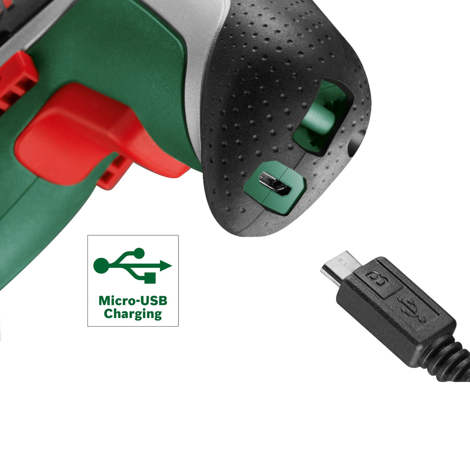 Bosch IXO 7 Akkuschrauber mit Micro-USB Ladeanschluss im Detail.