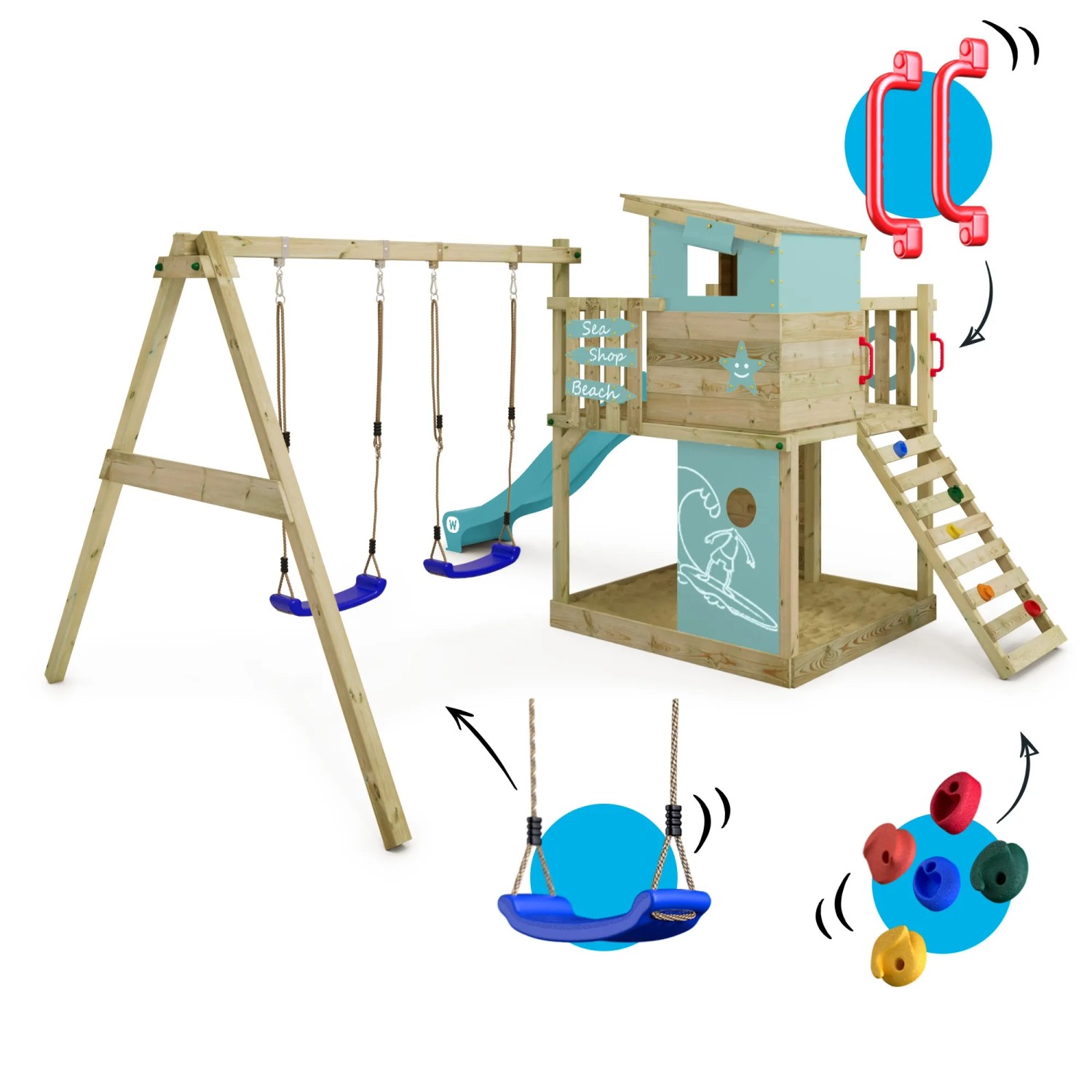 Wickey Spielturm Smart Camp mit Rutsche und Schaukel in Pastellblau.