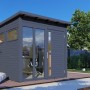 Modernes, anthrazitfarbenes Bertilo Gartenhaus Pentus 2 Office mit Flachdach und Glastür.