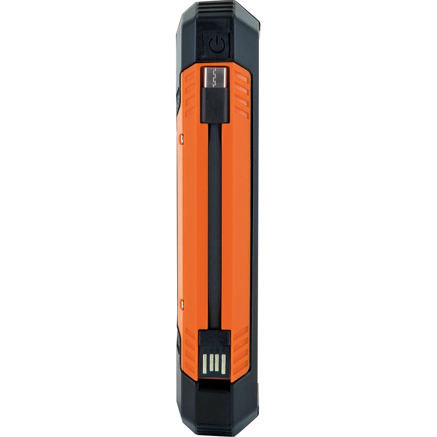 Schwaiger Solar-Powerbank in Orange/Schwarz mit USB-Anschlüssen.